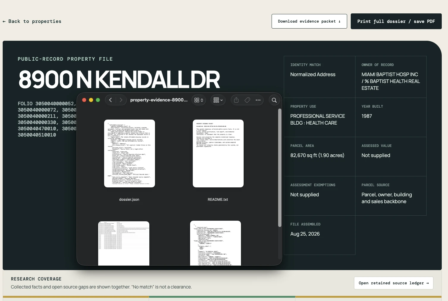 Current PlotDig property dossier with evidence-packet download controls and a preview of the exported dossier files