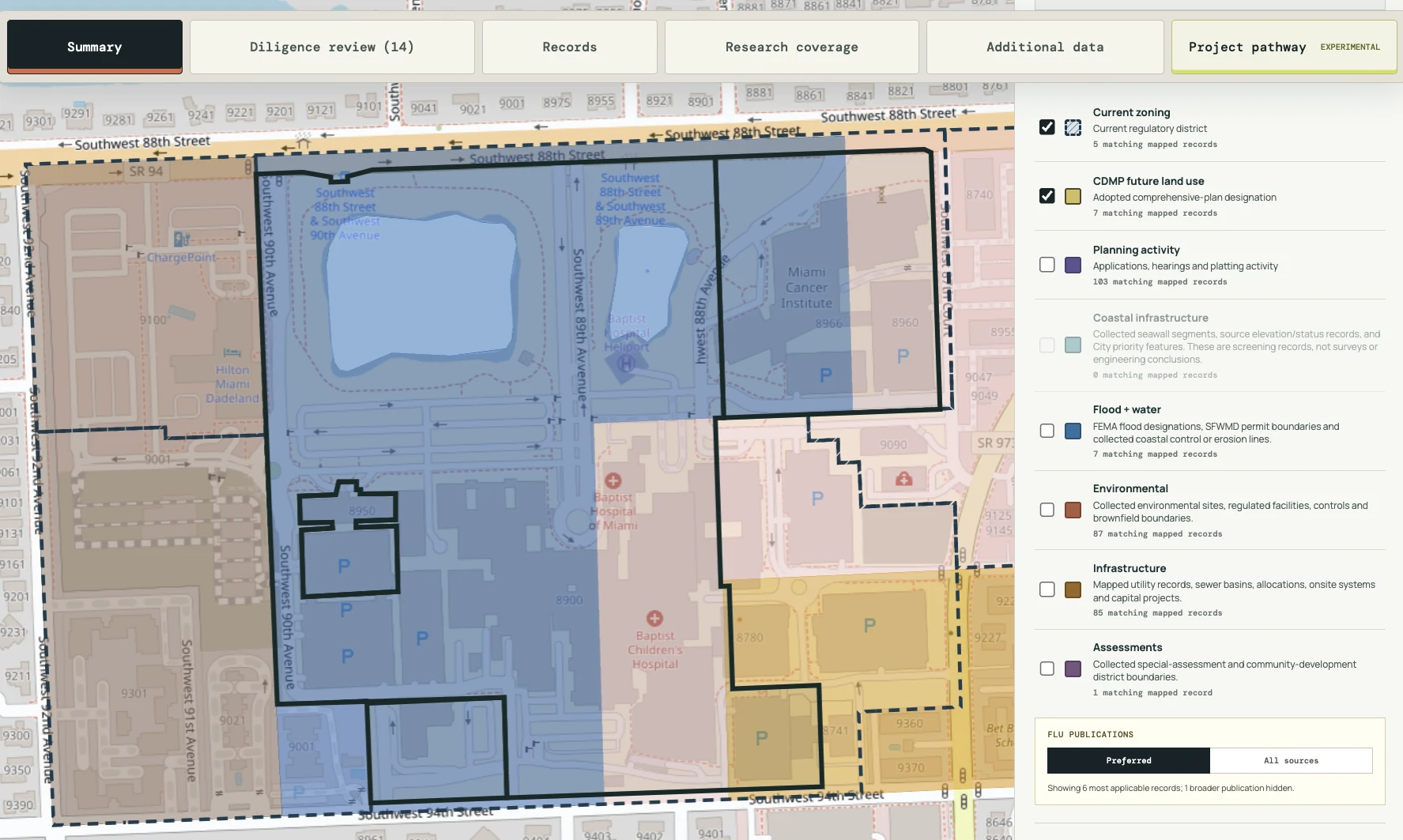 PlotDig property map showing the parcel boundary, zoning and land-use overlays, and selectable screening-layer controls