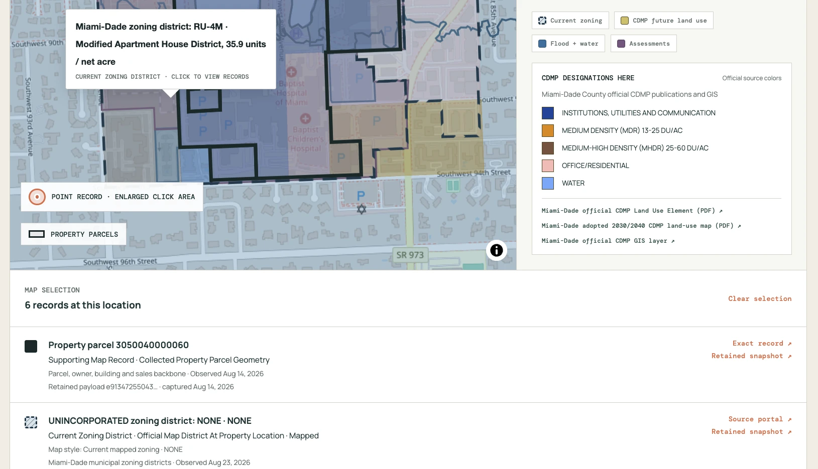 Current PlotDig property-context map with a selected zoning record, parcel boundaries, screening-layer controls, and source-linked records